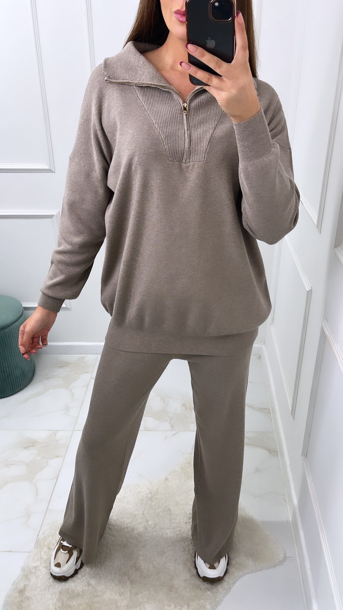 ARIELLA taupe half zip wide leg knit lounge set