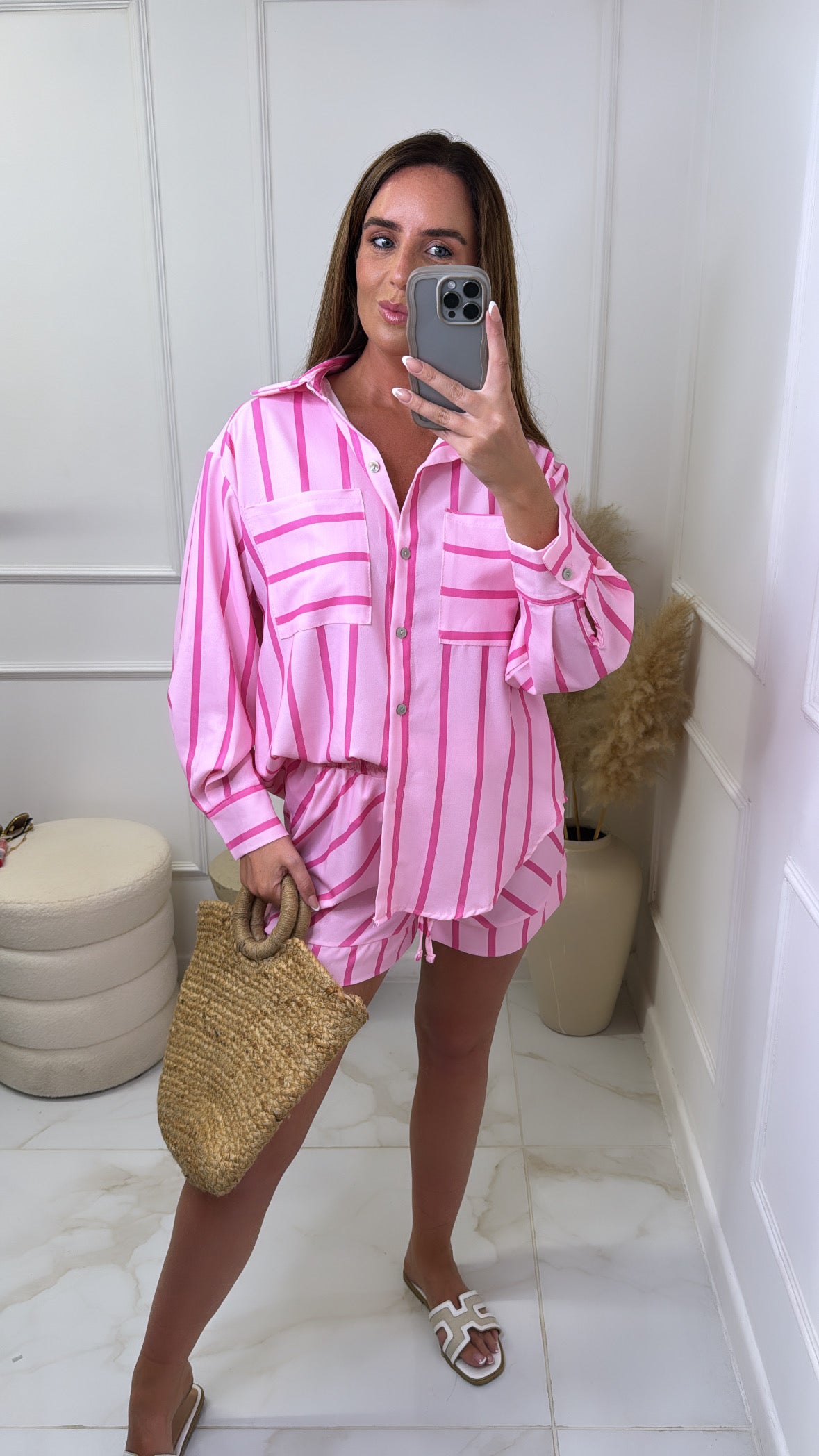 CARMEN hot pink stripe shorts set