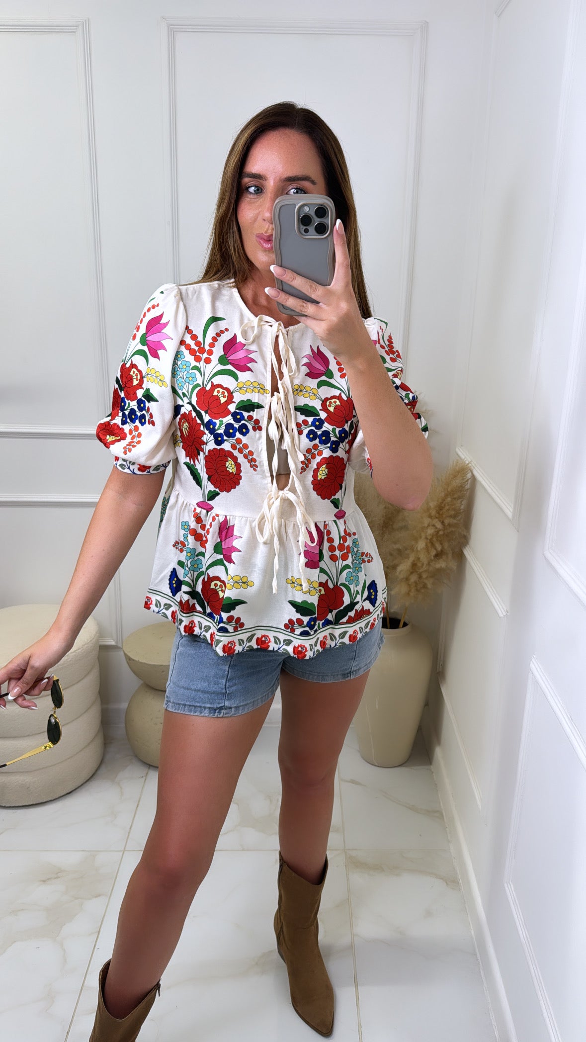 ELLIE white floral printed tie front top
