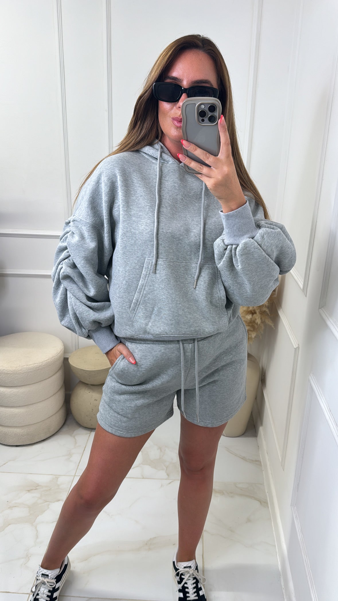 DARCIE grey ruched sleeve short lounge set