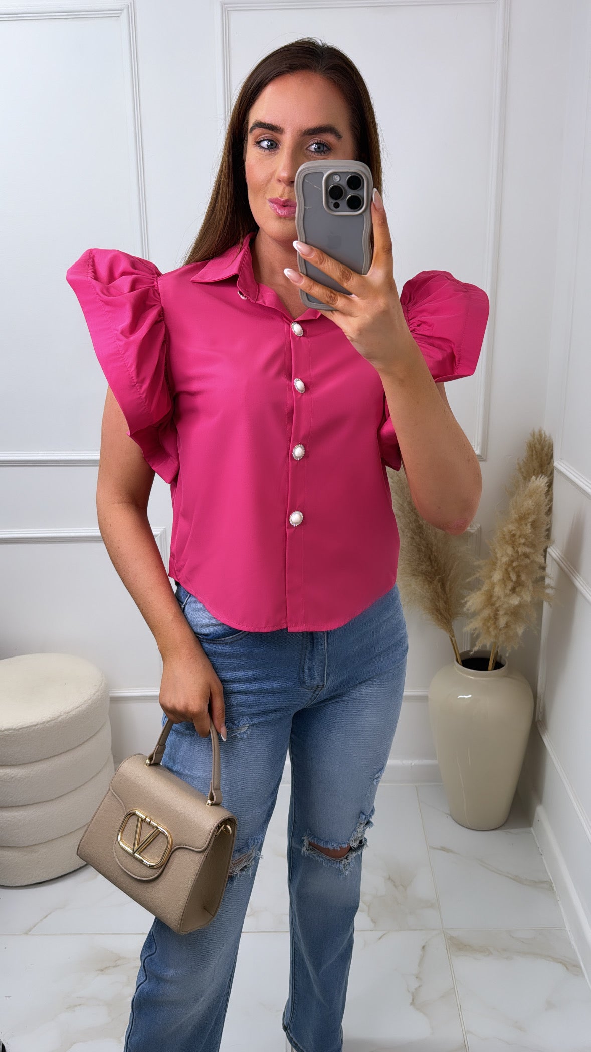 MASIE pink frill sleeve boxy blouse