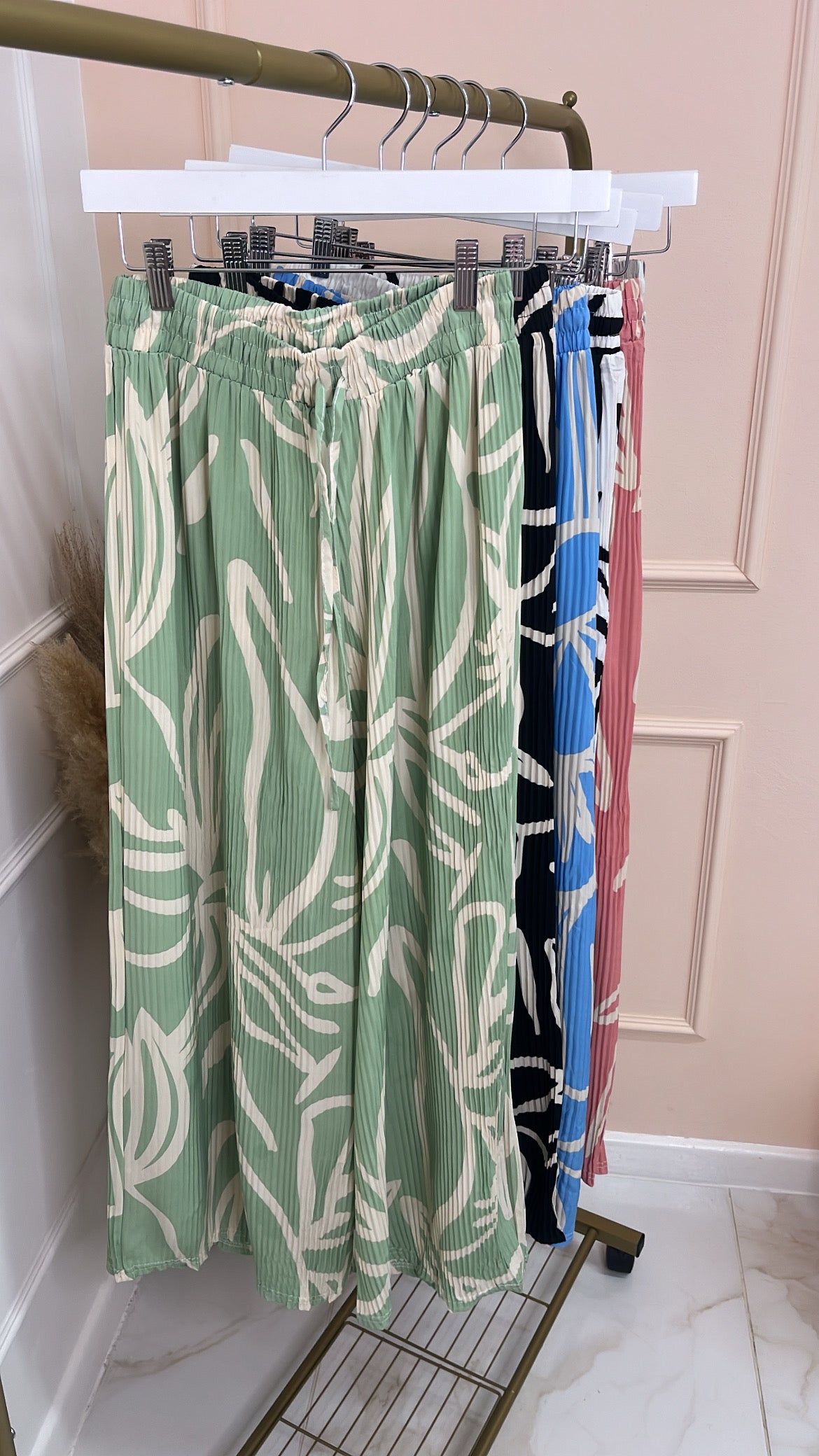 BELLA green patterned crinkle trouser