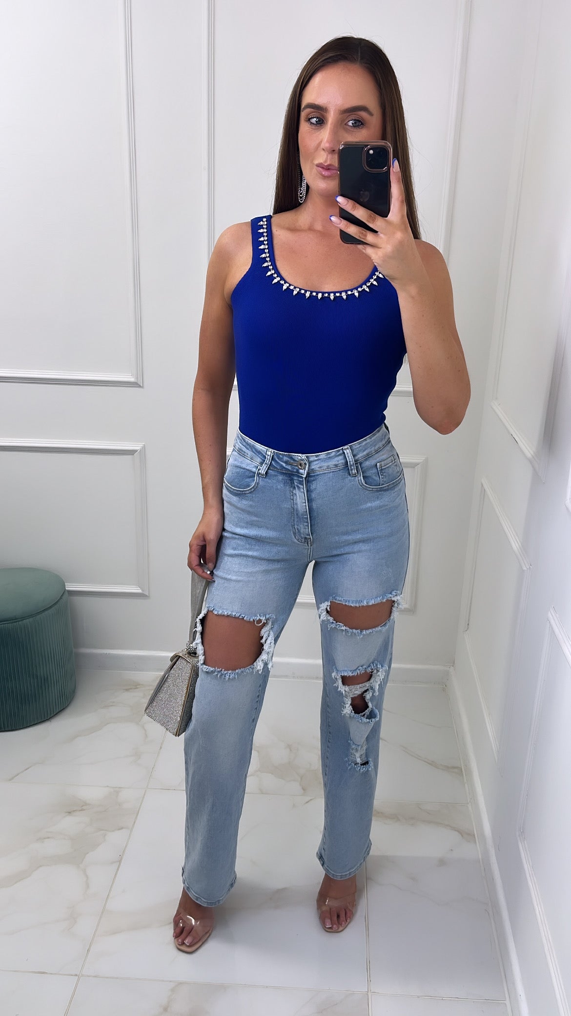 ARIA cobalt blue fine knit diamante bodysuit