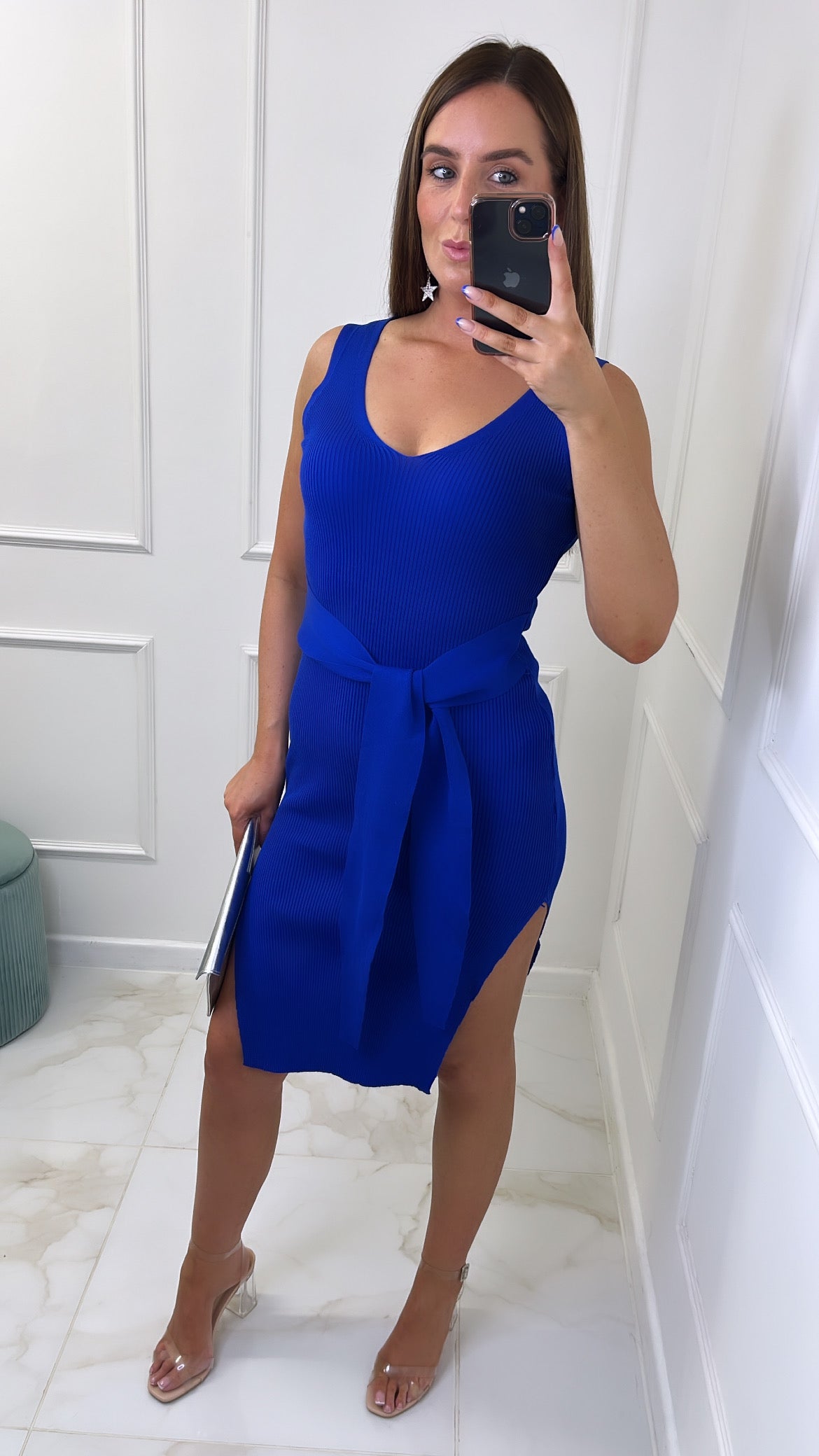 KARINA blue knit tie front midi dress