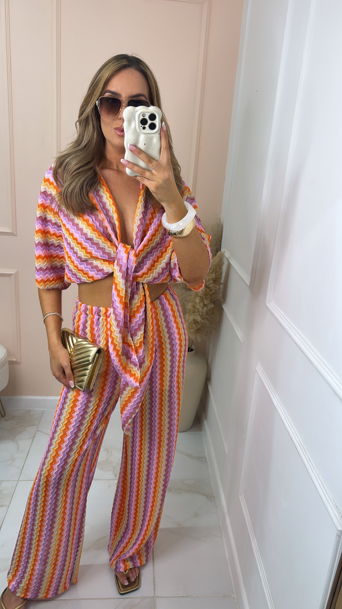 GEORGIA pink orange crochet tie front trouser set