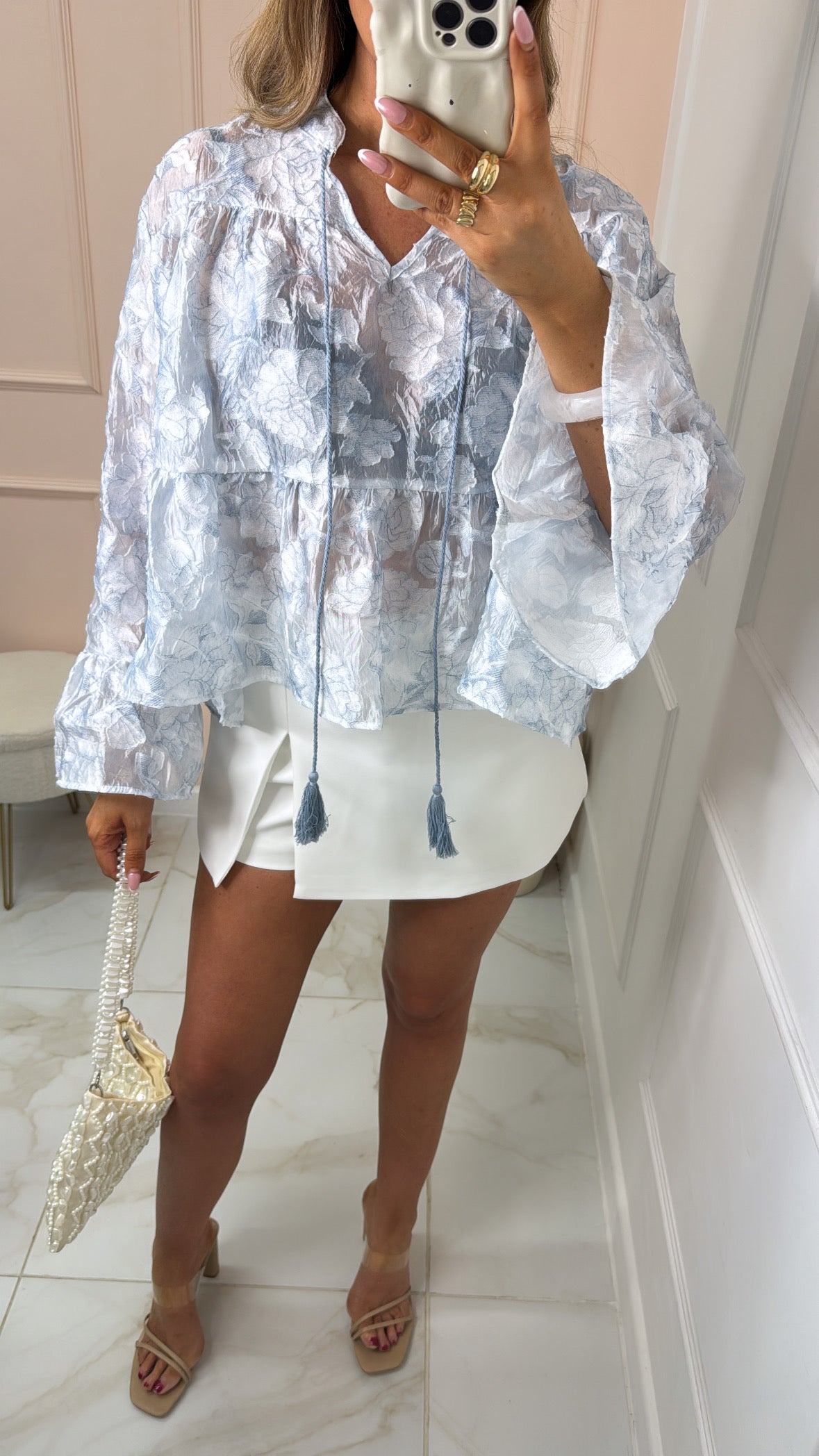 HARPER blue textured frill cuff blouse