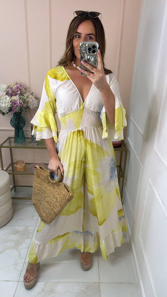 LACEY yellow floral frill sleeve jumpsuit