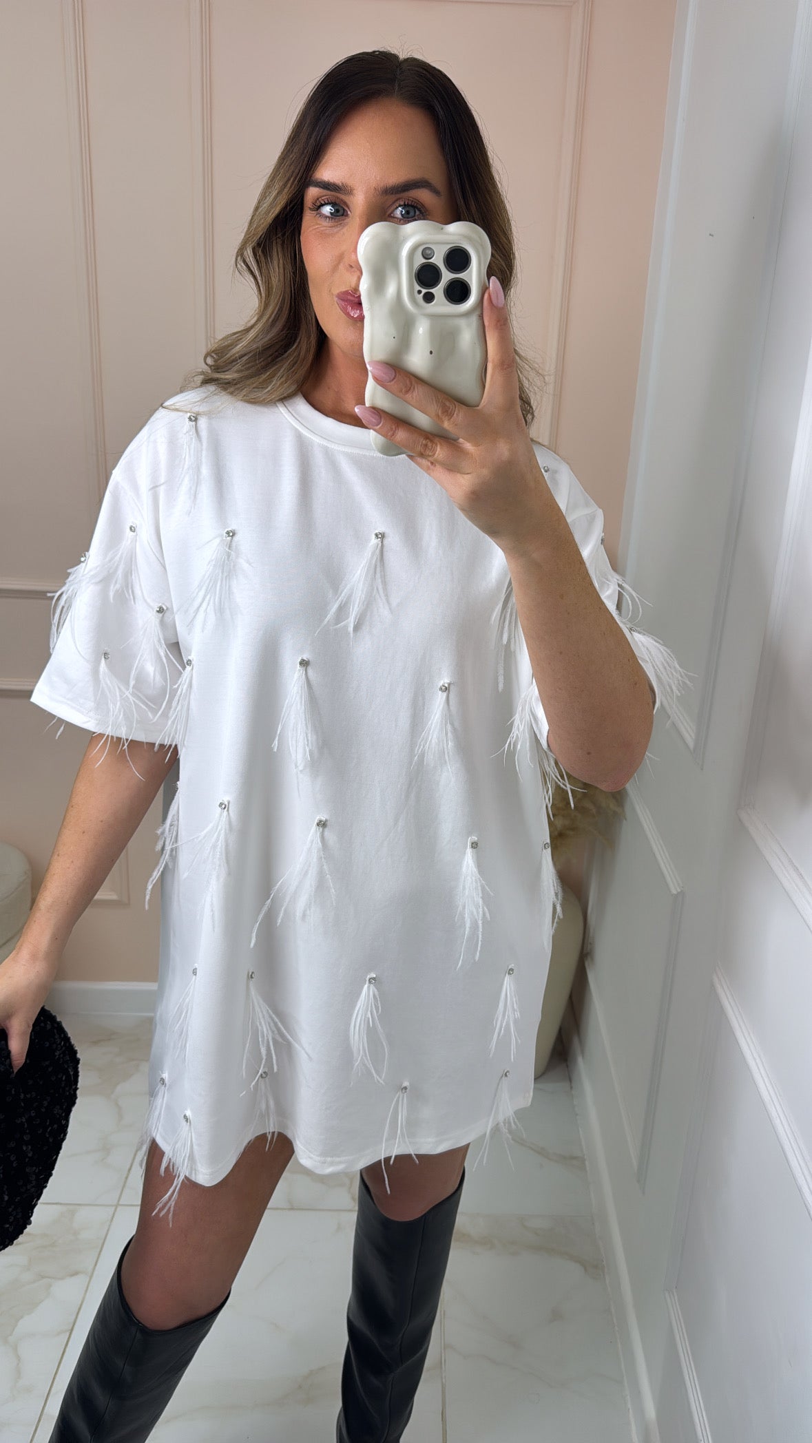 MIMI white feather detail tshirt dress