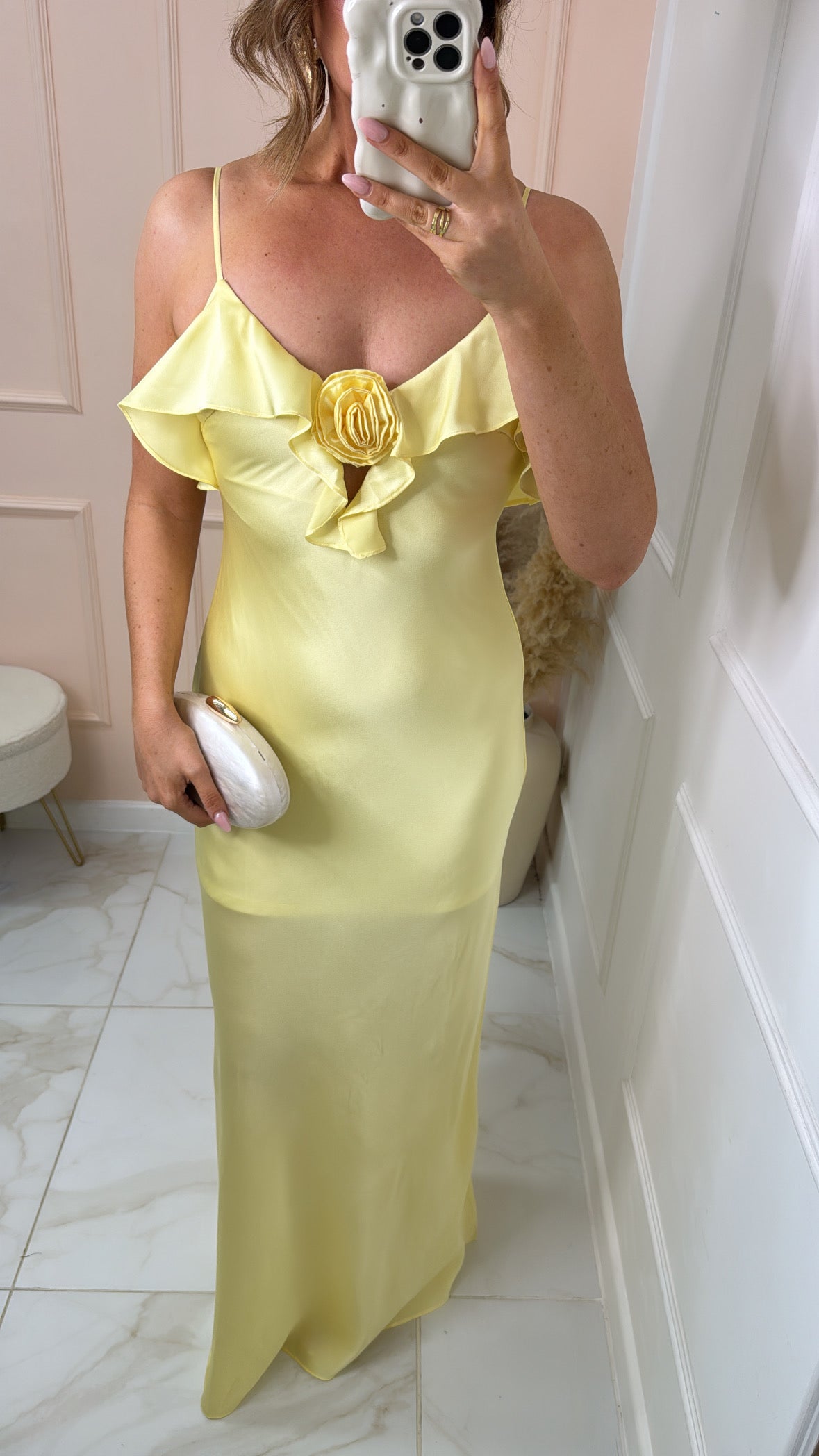 CHLOE lemon rose frill satin maxi dress