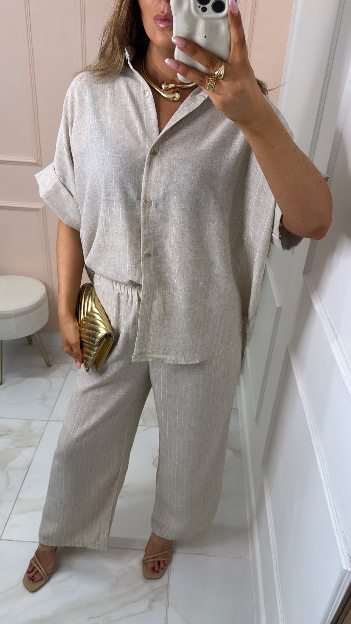 SOFIA beige metallic pinstripe boxy trouser set