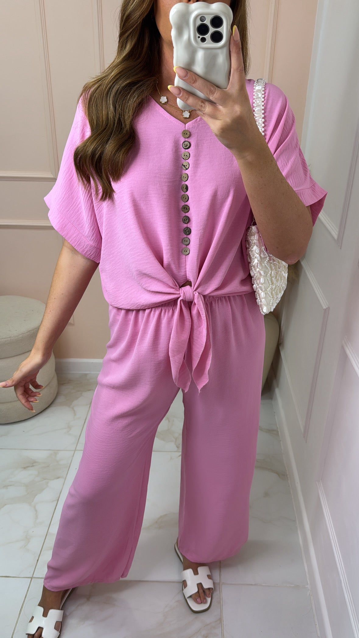 MAE pink button tie front trouser set