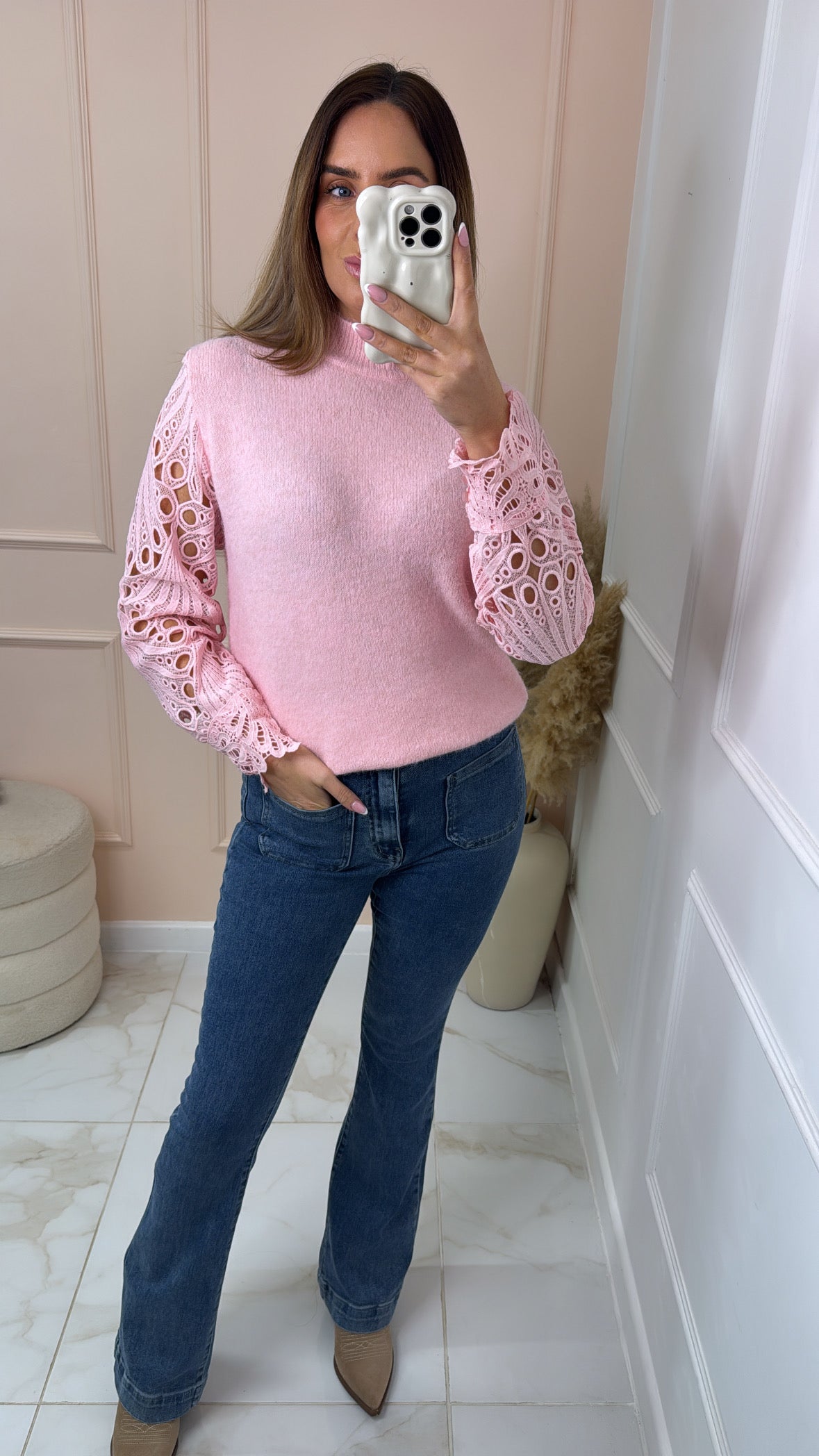 ROBERTA pink crochet sleeve jumper