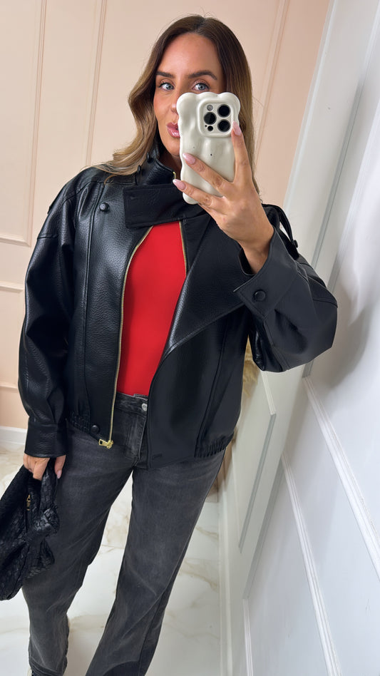 FRANKIE black high neck faux leather jacket