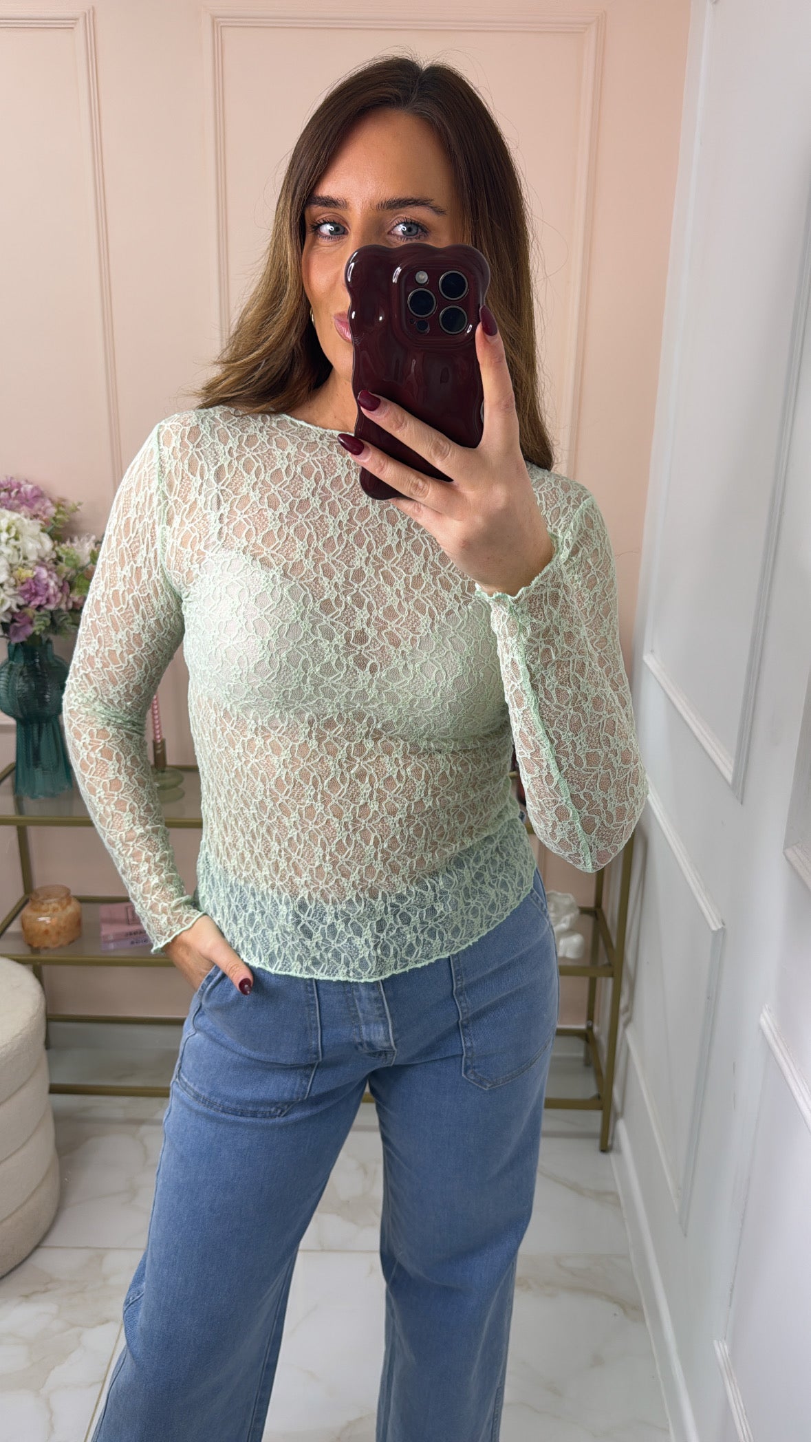 DARCY sage lace mesh top