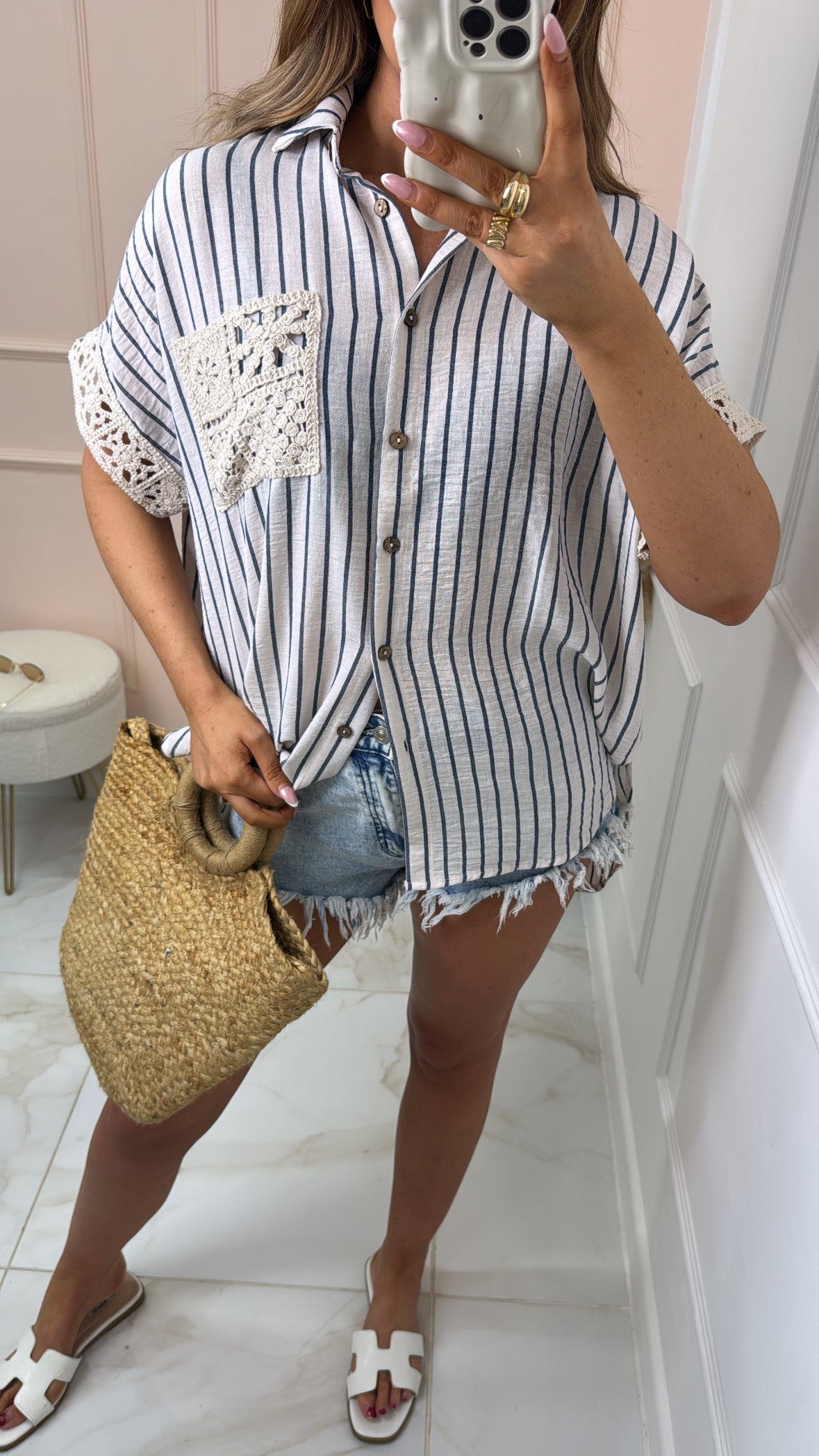 ISLA navy pinstripe crochet detail boxy blouse