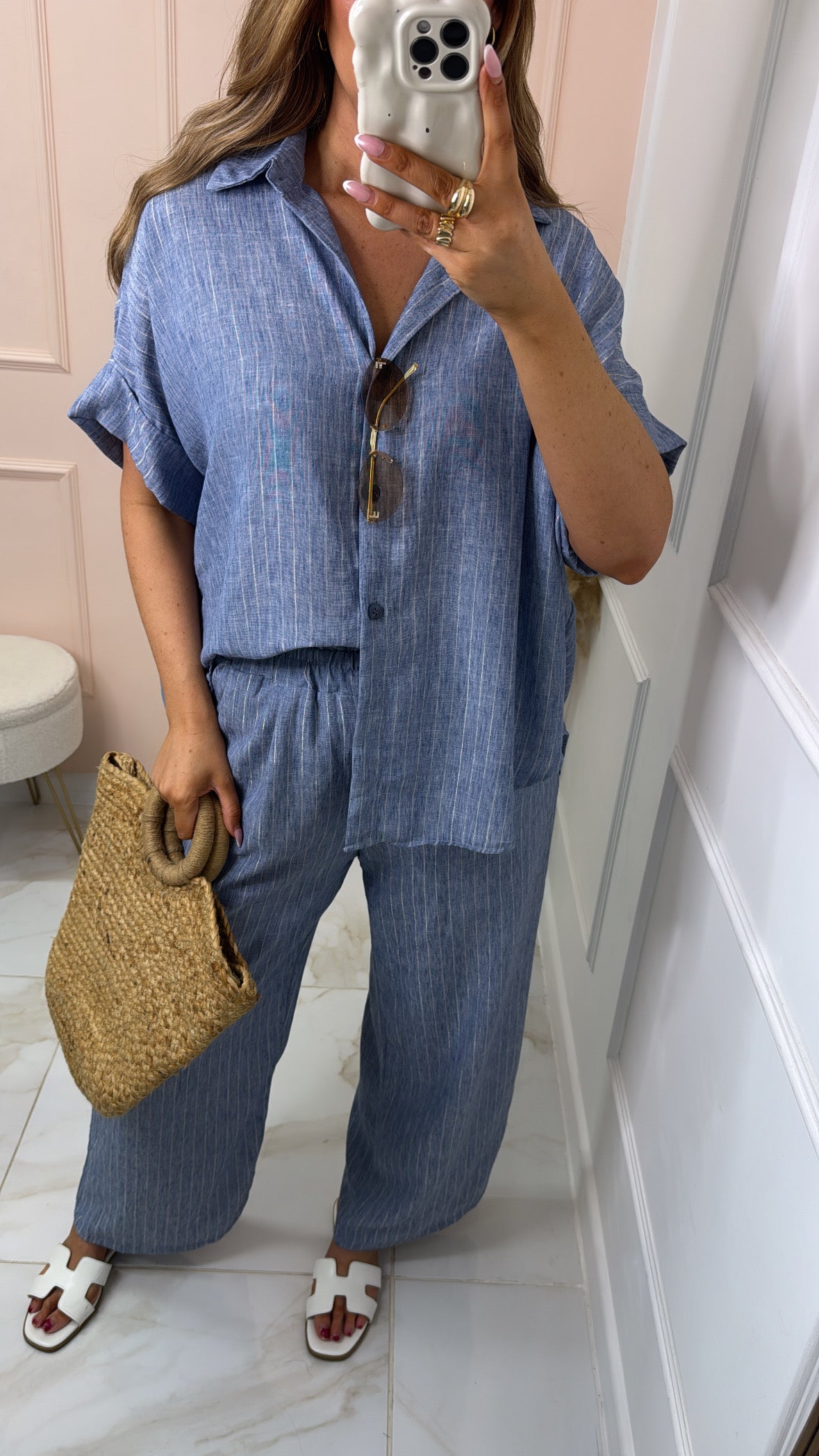 SOFIA blue metallic pinstripe boxy trouser set