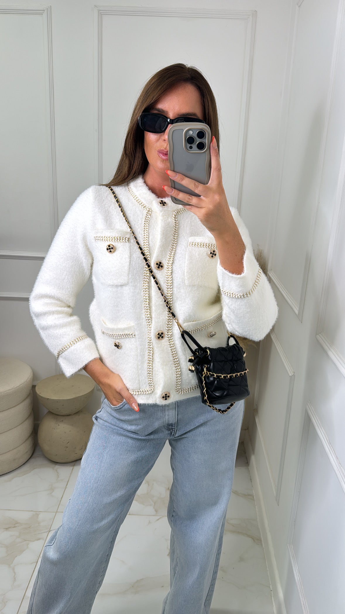 LUCY white gold trim fuzzy knit cardigan