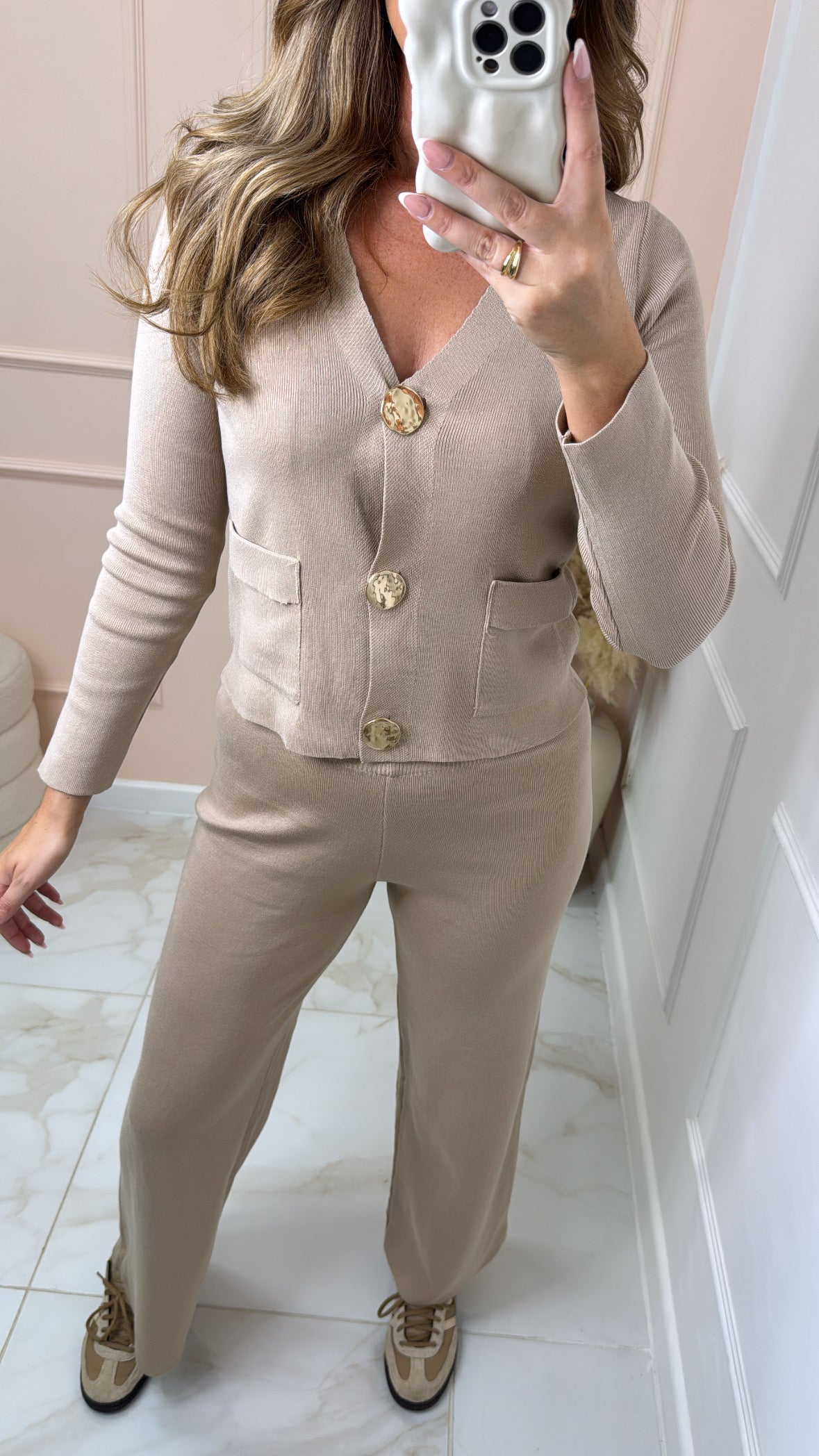 MILA taupe chunky gold button lounge set