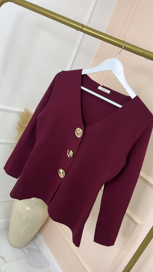 AMELIA wine gold button fine knit cardigan