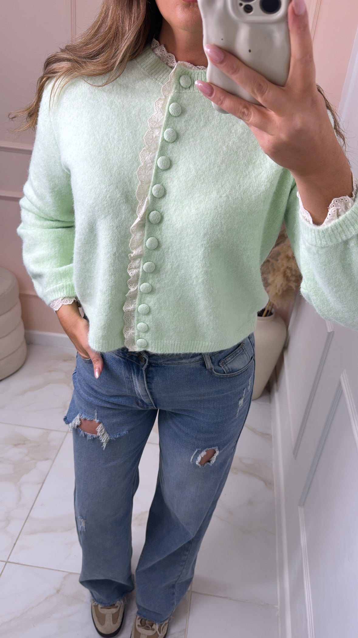 FINLEY mint broderie trim cardigan