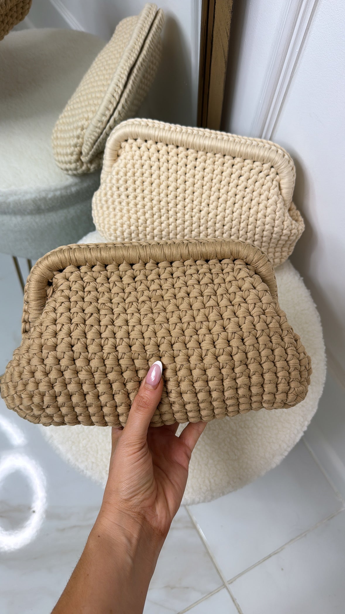 JILLY beige woven clutch bag