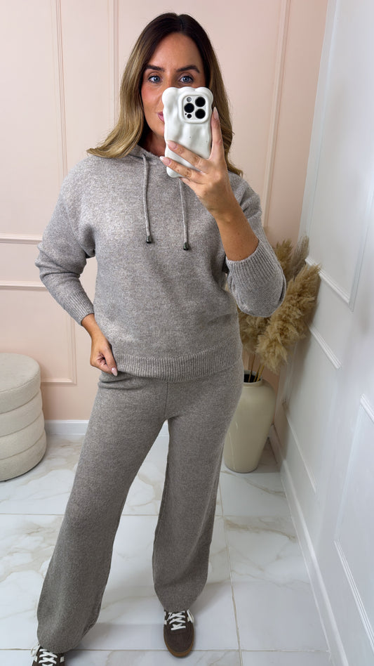 GRACIE taupe soft knit hooded lounge set