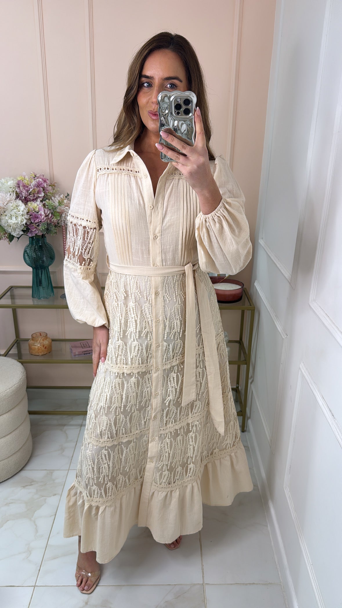 ANYA beige tiered belted maxi dress