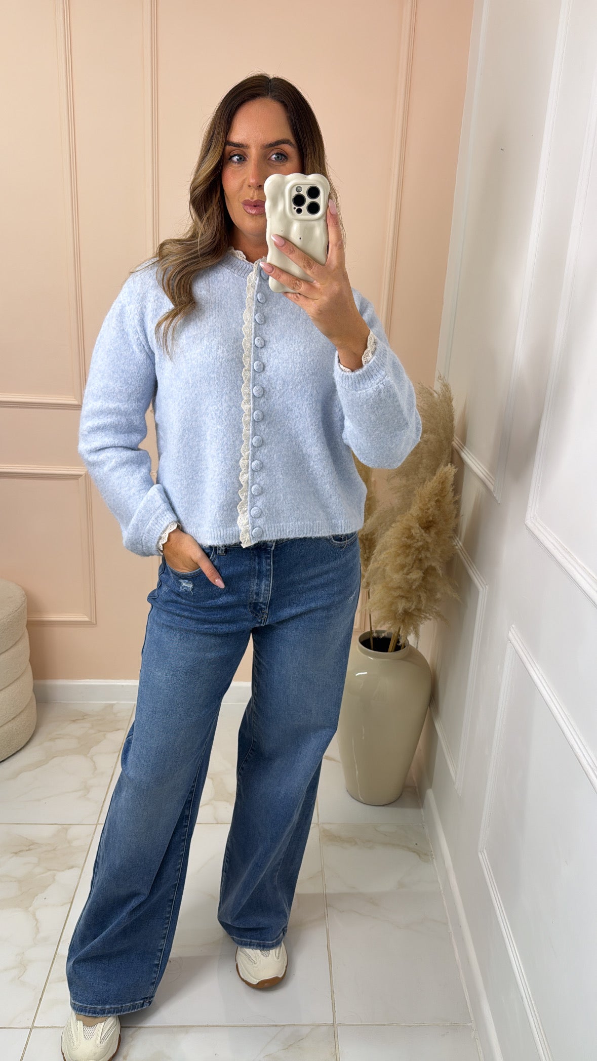 FINLEY powder blue broderie trim cardigan
