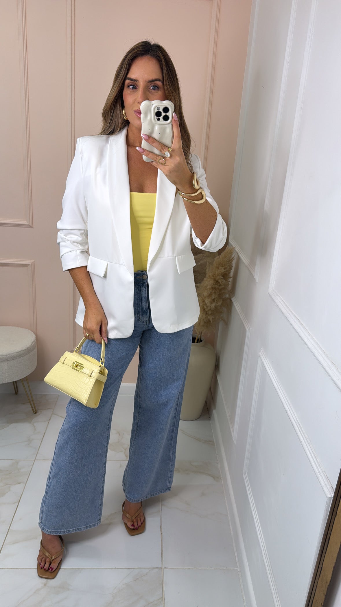 FREYA white ruched sleeve blazer