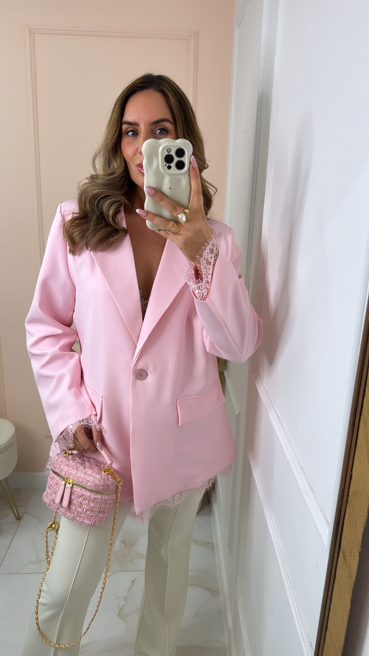 SAMIE pink lace trim blazer