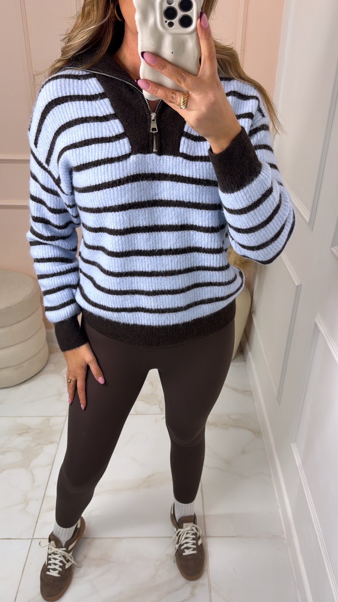 LULU blue stripe half zip knit sweater
