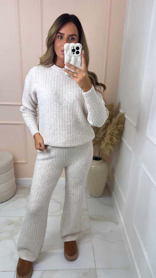MILLIE oatmeal ribbed soft knit lounge set