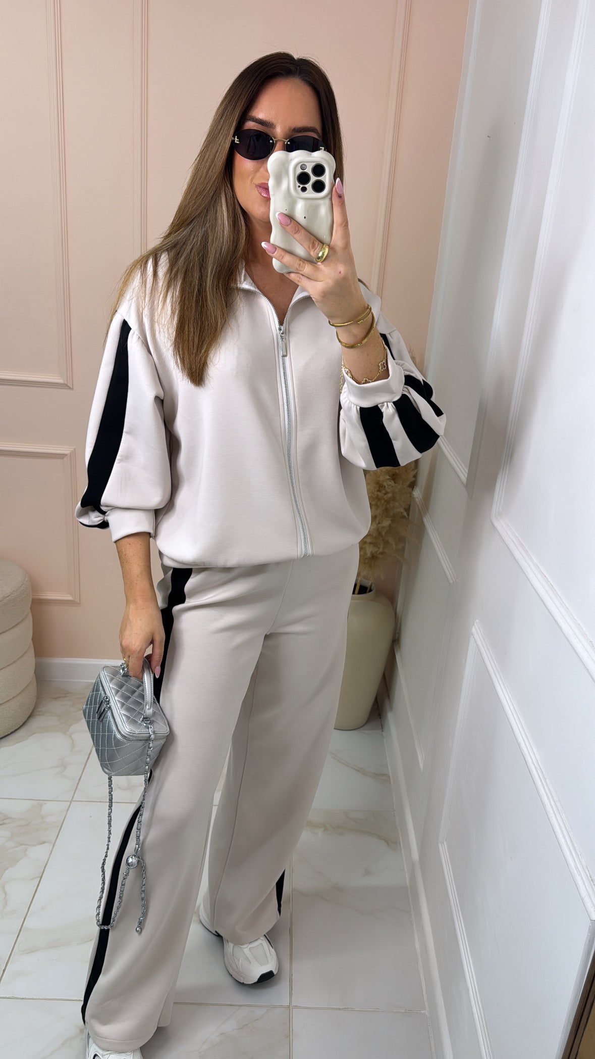 CONNIE stone funnel neck side stripe tracksuit