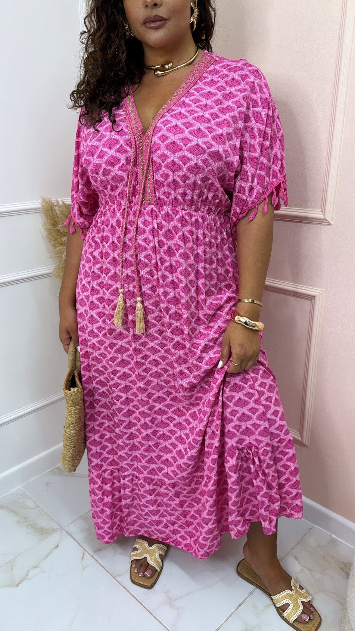 SAMMIE pink embroidered tassel maxi dress