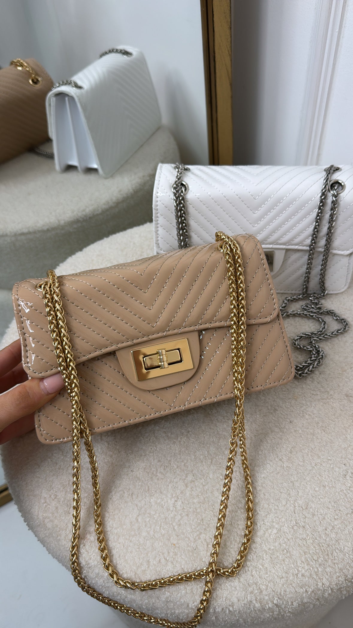 MARNIE beige patent crossbody bag