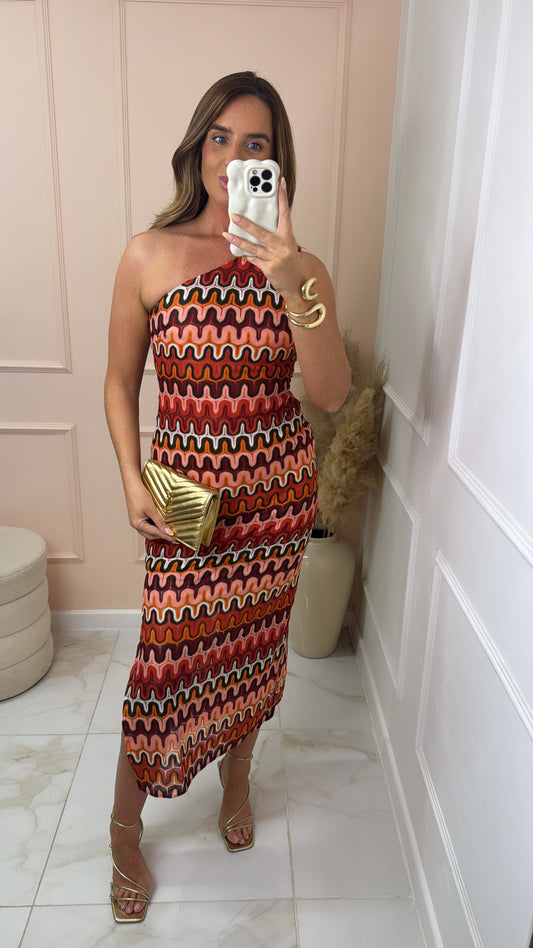 UNA orange knit one shoulder dress