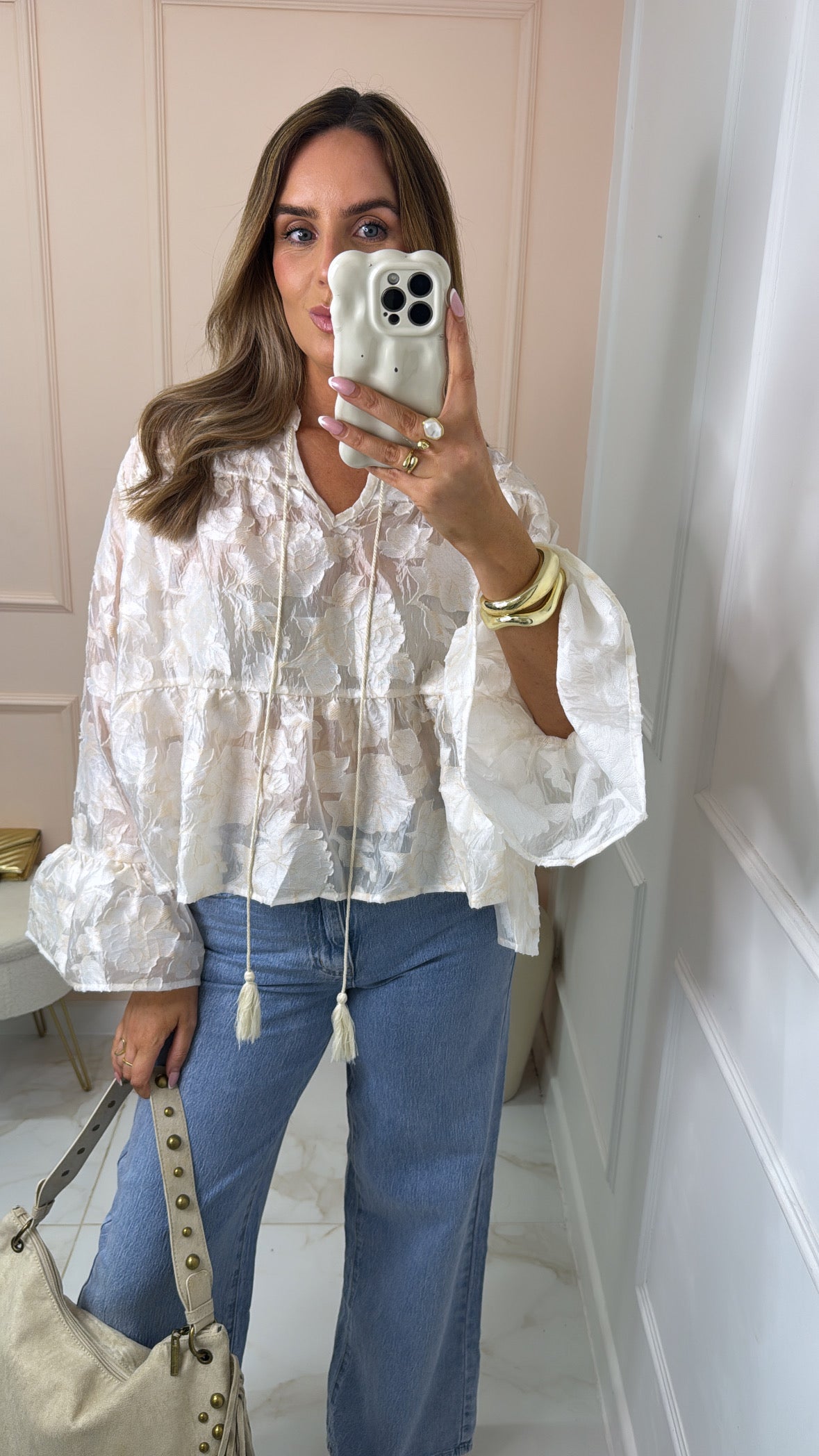 HARPER cream textured frill cuff blouse