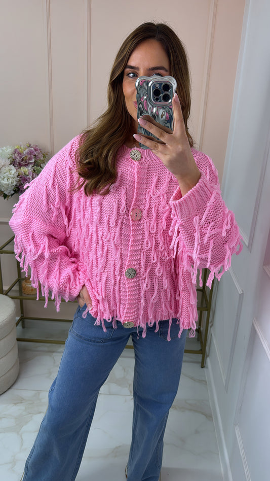FLORENCE pink shaggy gold button cardigan