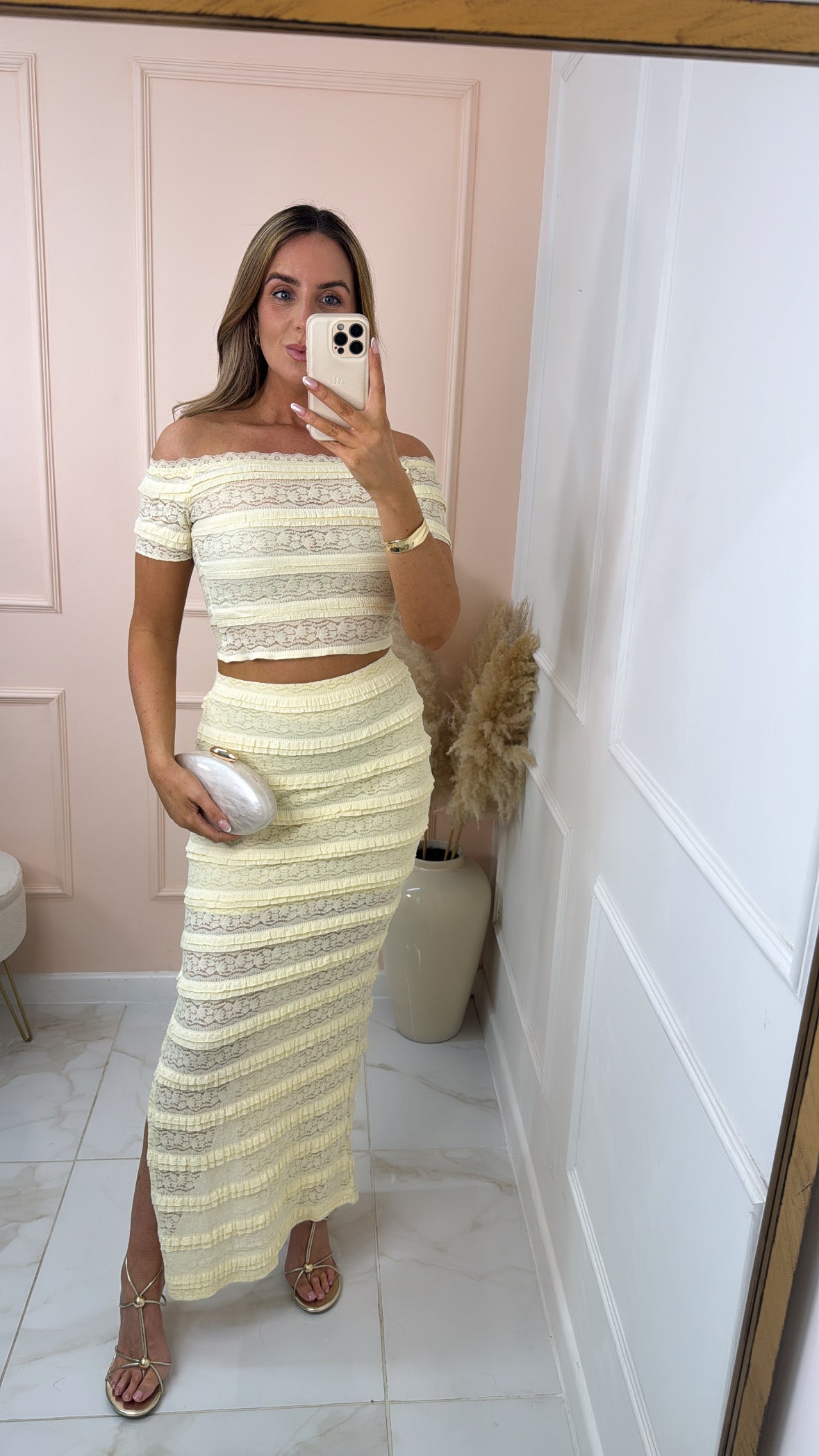 LARA lemon lace bardot maxi skirt set