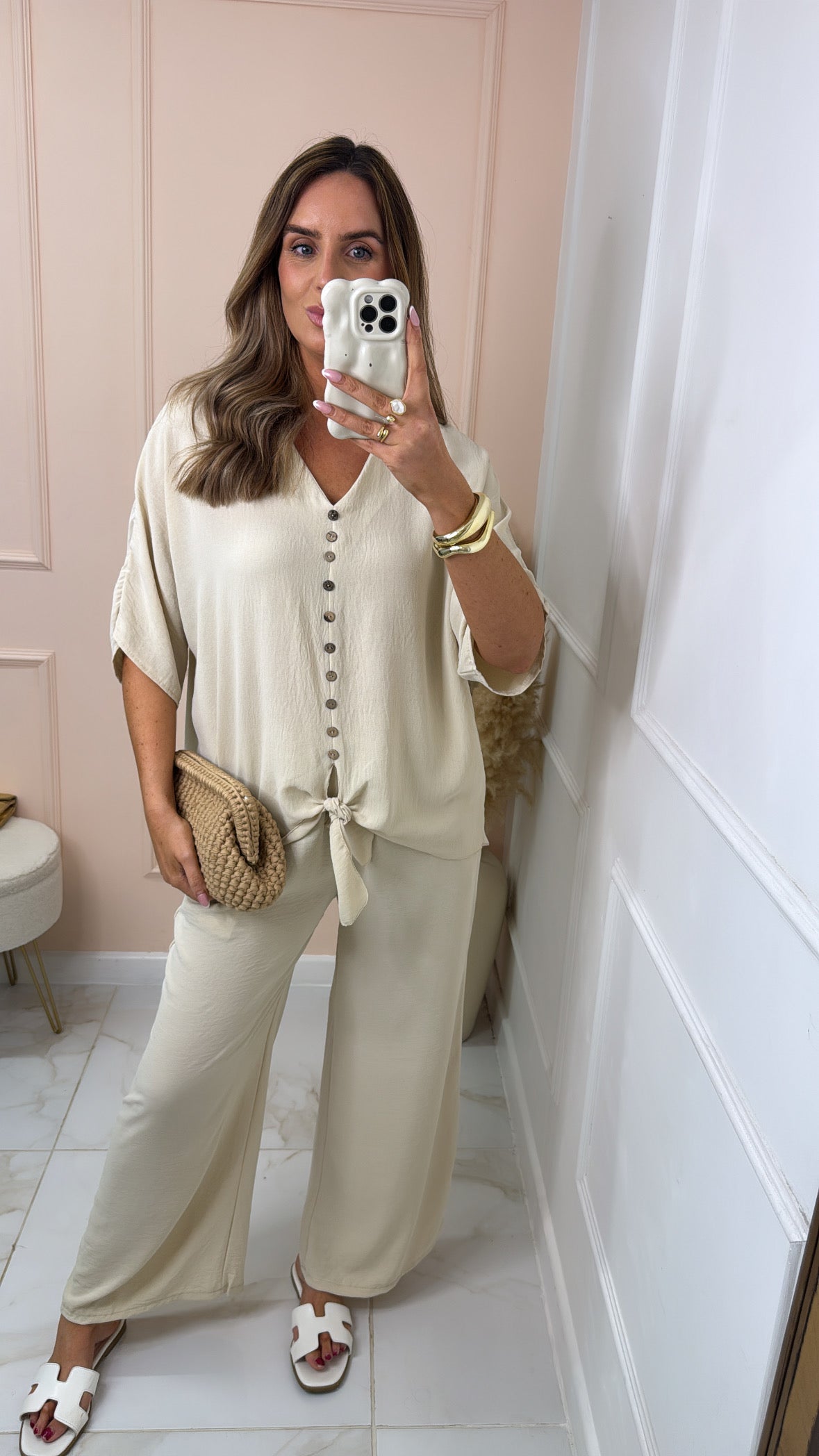 LUNA stone button tie front trouser set