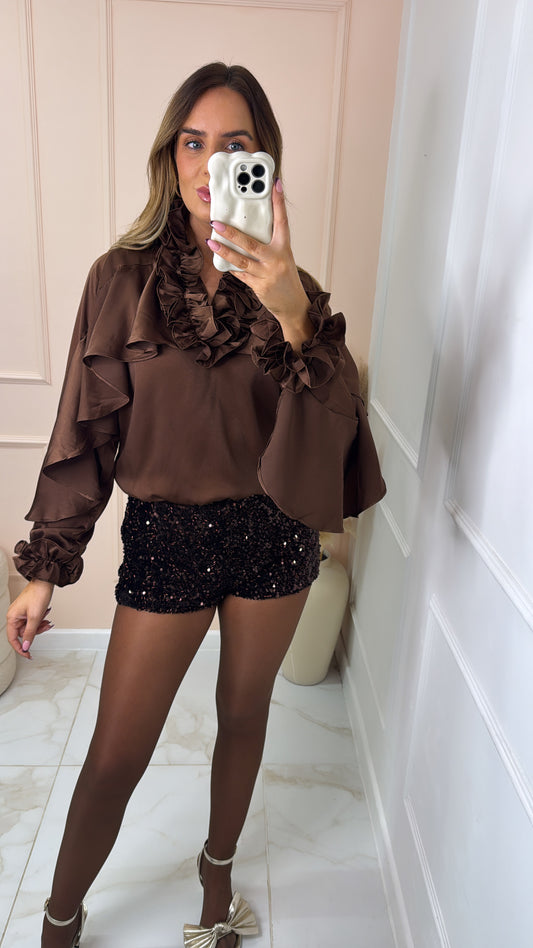 ARABELLA brown satin frill blouse