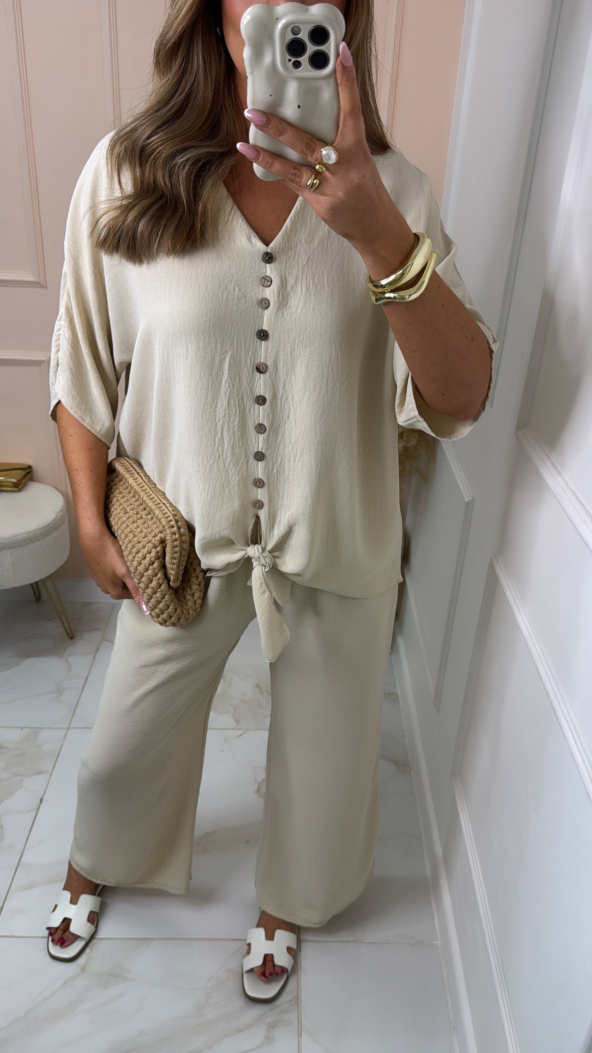 LUNA stone button tie front trouser set