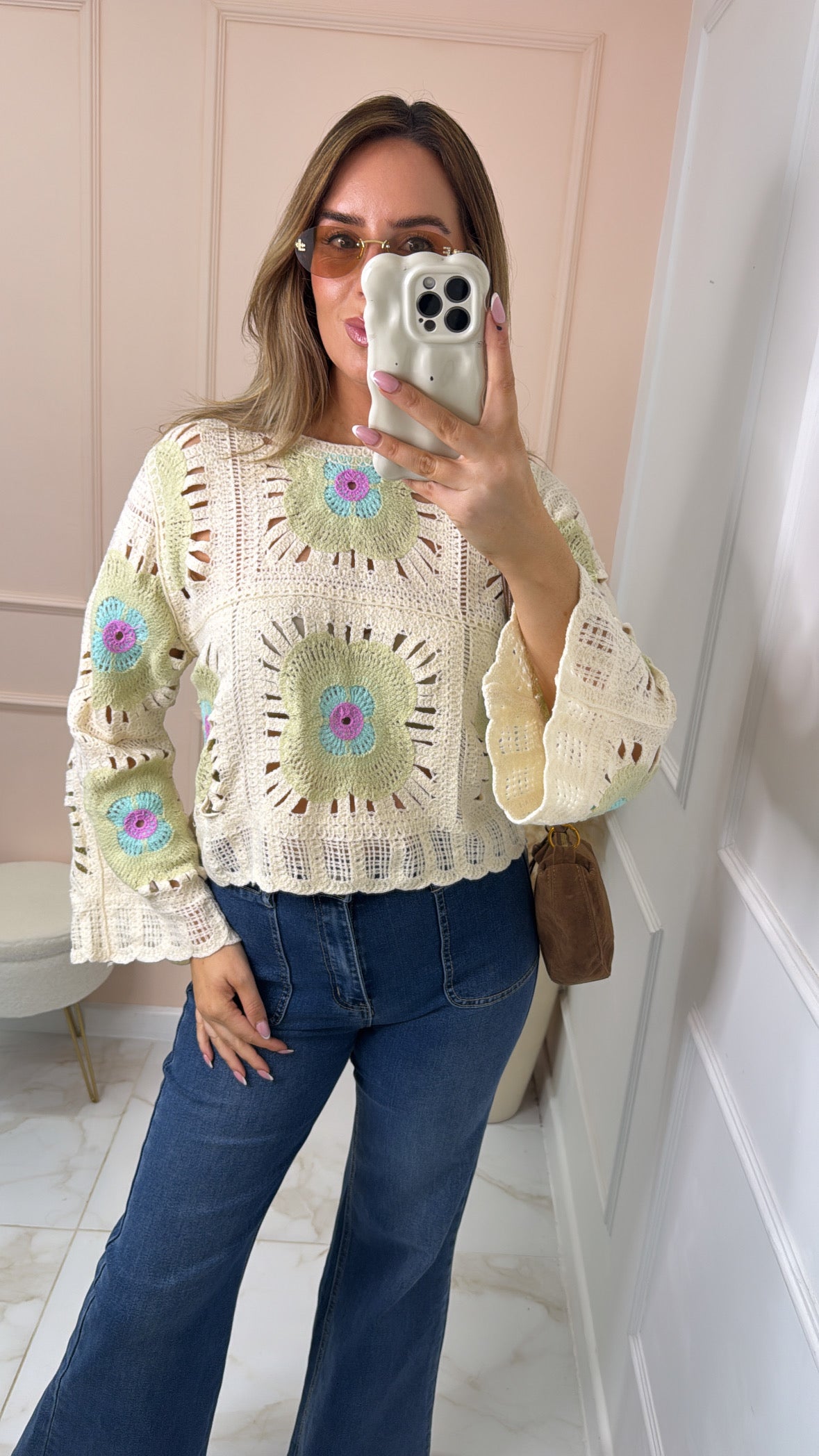 ABI beige and mint crochet top