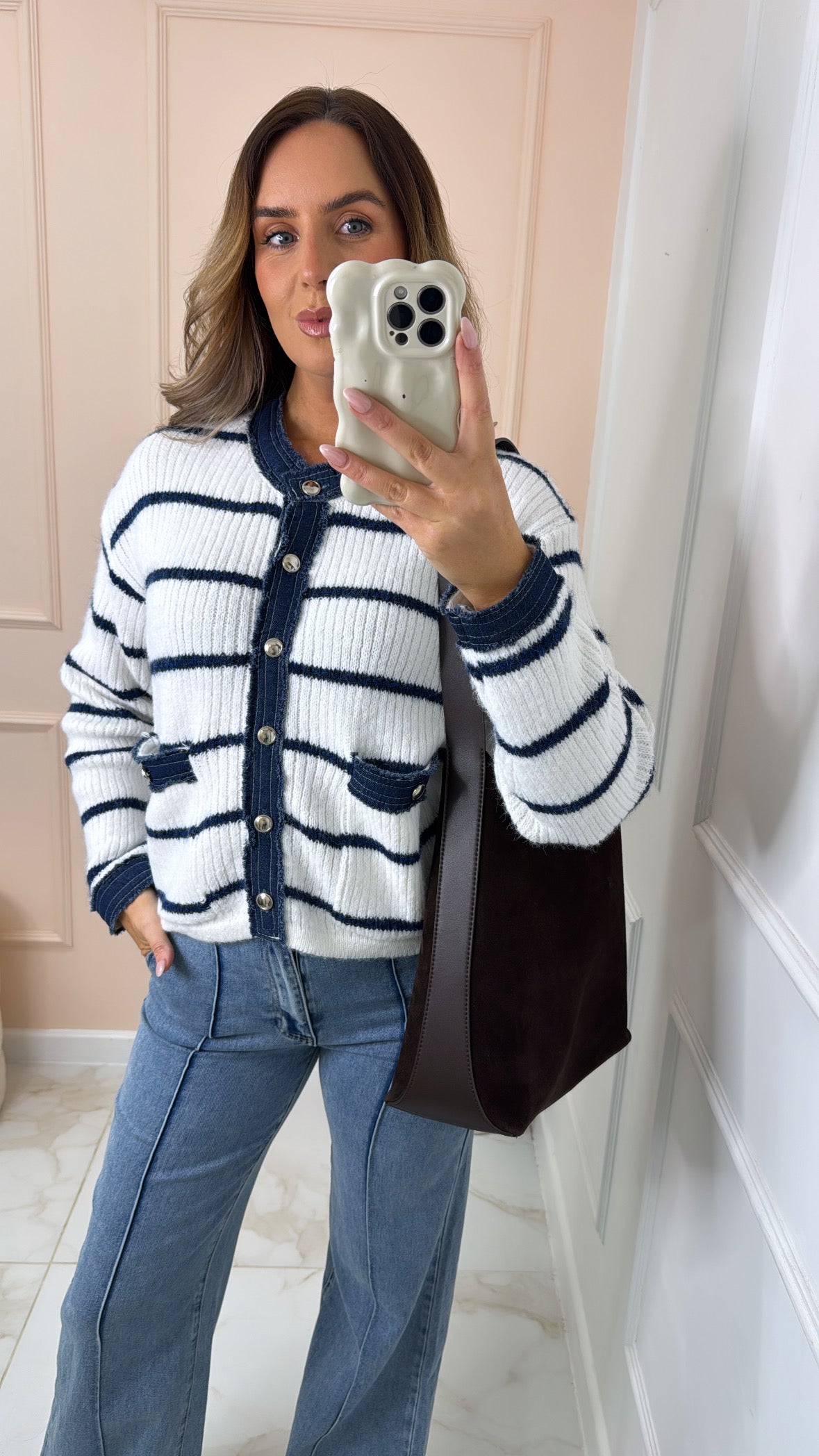 THEA cream denim detail stripe cardigan