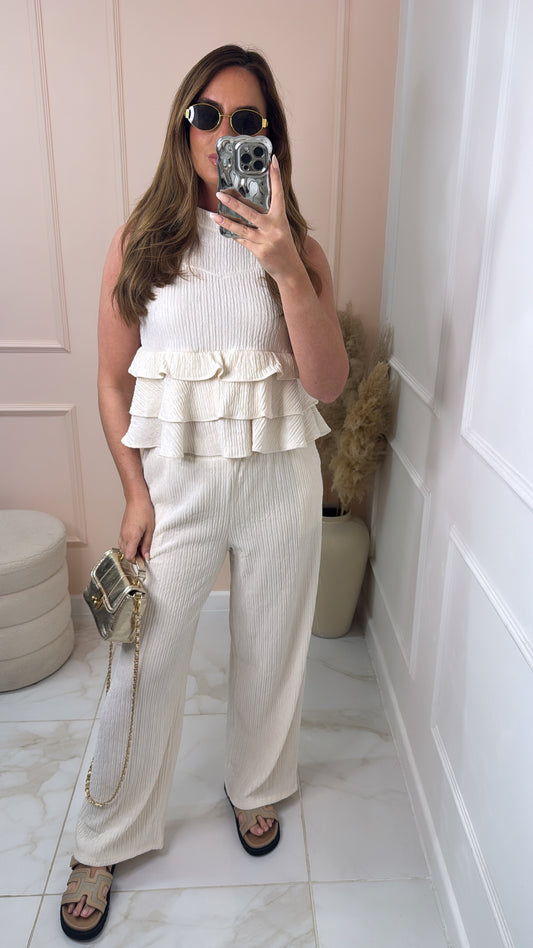 RAINE beige ruffle trouser set