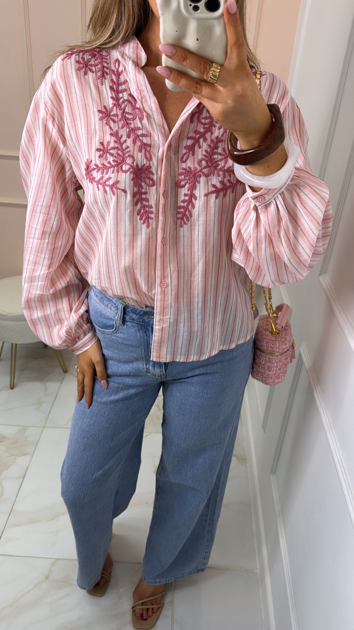 MAEVE pink embroidered stripe blouse