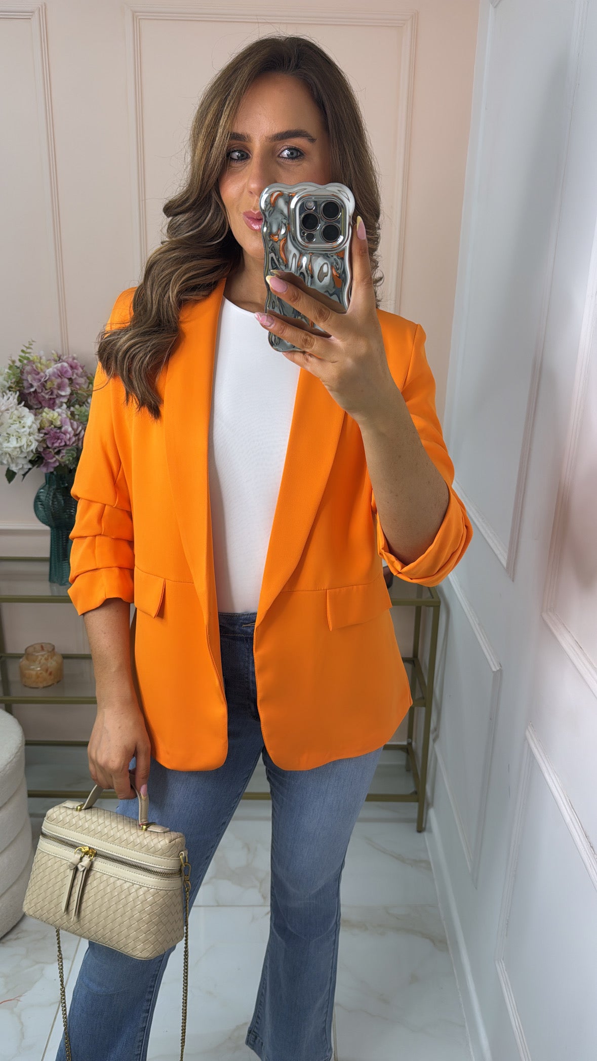 MAISIE orange ruched sleeve blazer