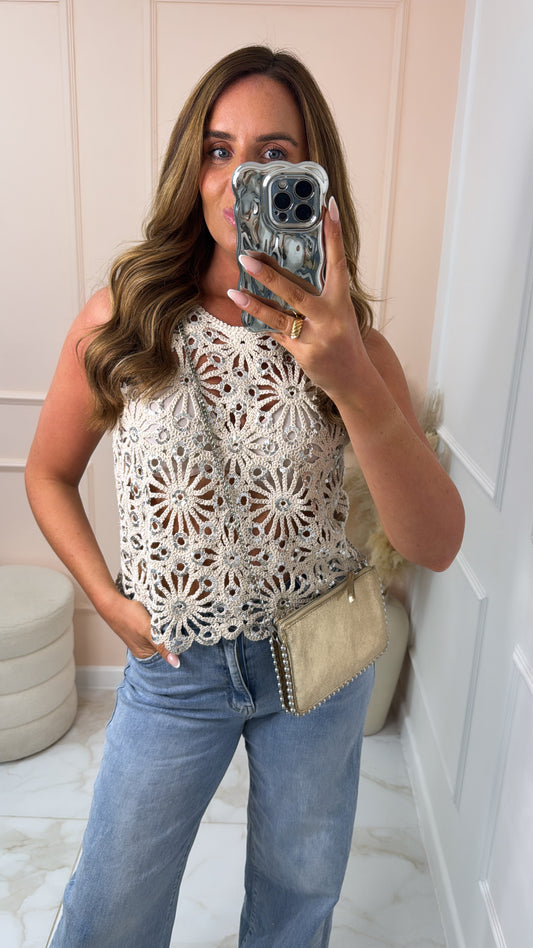 EVIE beige sequin crochet vest top
