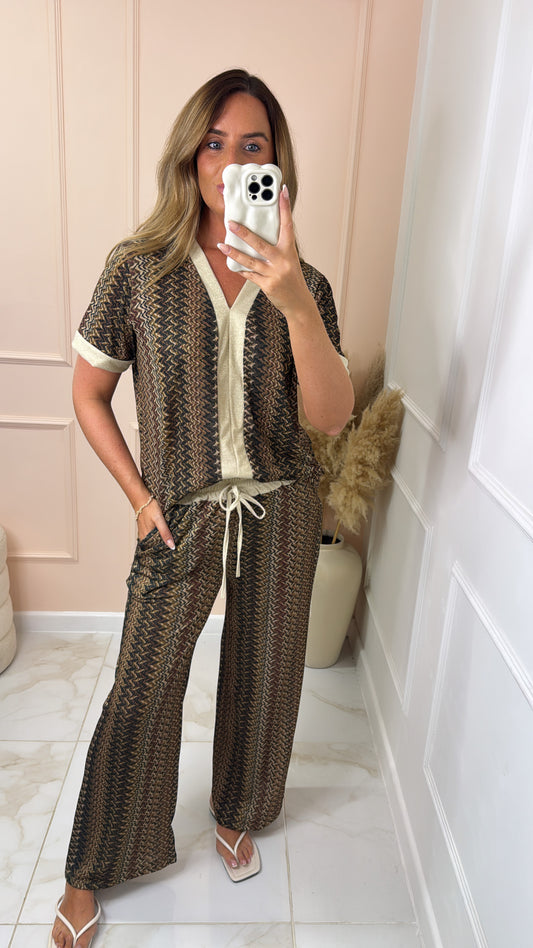 TAYLOR brown shimmer zig zag lounge set