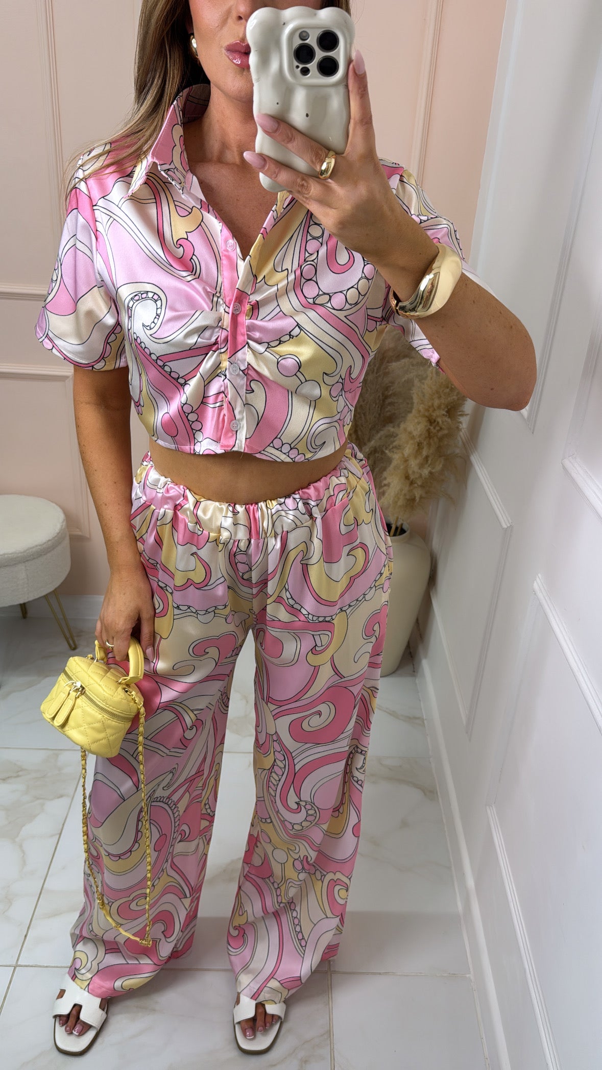 FELICITY pink retro print silky trouser set